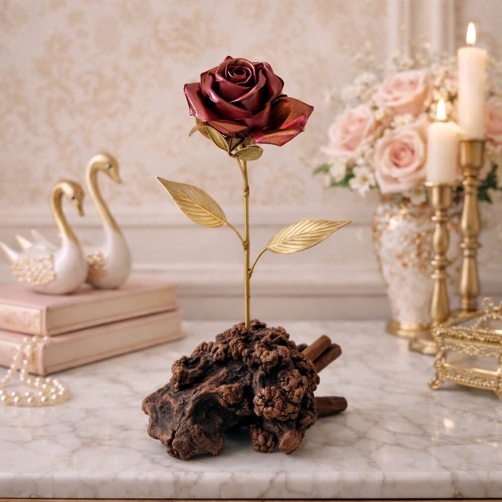 Vintage Copper Rose Sculpture on Driftwood | Organic Modern Floral Decor